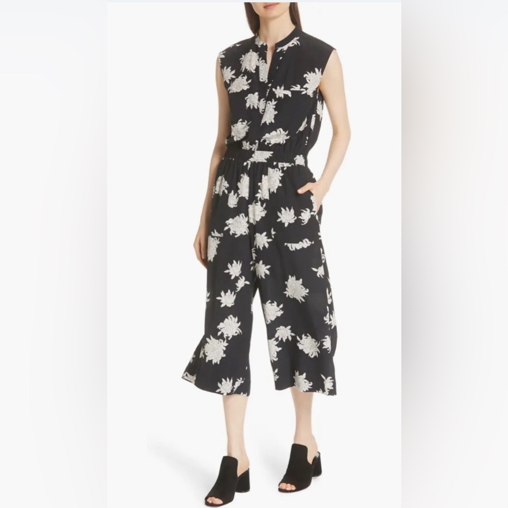 Vince Women Chrysanthemum Navy Blue Floral Print Silk Sleeveless Jumpsuit Size M